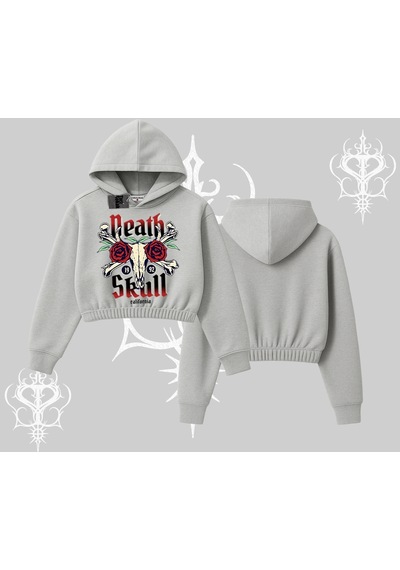 Startmore Kapşonlu Crop Sweatshirt Skull & Roses Vintage West Coast Rebellion Gri
