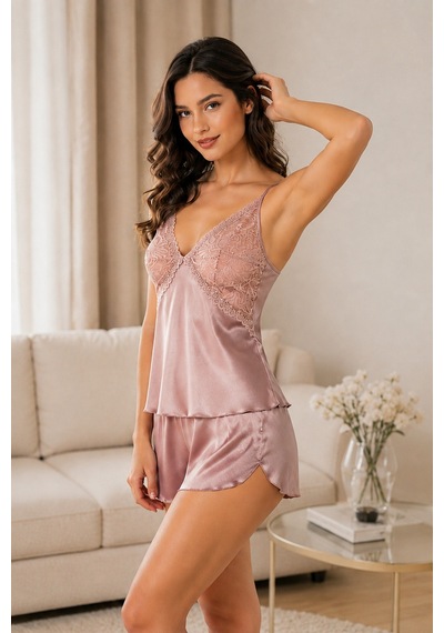Loule Kadın Vizon Geniş Dantel Yakalı Saten Şortlu Pijama Takımı