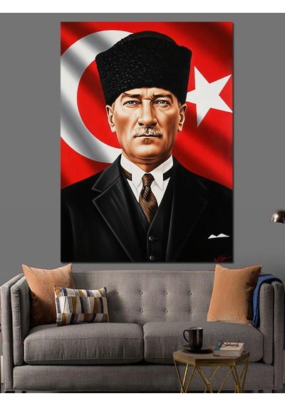 Ahşap Tablo Bayrak Önünde Atatürk Portresi
