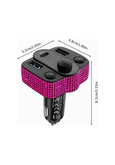 Araç İçi Fuşya Kristal Taşlı Fm Transmitter Bluetooth Usb Type-c Oto Çakmaklık