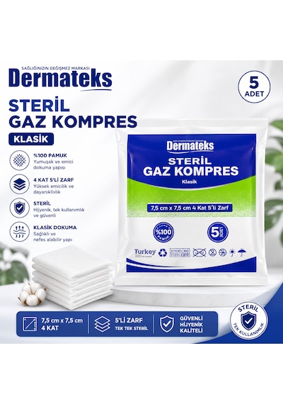Dermateks Steril Kompres 7,5 7,5cm 4 Kat 5'li Zarf 12 Paket