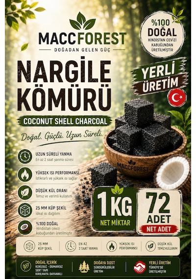 1 Kg Nargile Kömürü 72 Adet Hindistan Cevizi Kabuğu Kömürü 25 Mm Küp Doğal Coconut Shell Charcoal Uzun Süre Yanan Düşük Küllü Yerli Üretim