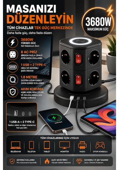 3680w Kablosuz Şarjlı Kule Priz 8 Ac Priz 1 Usb 2 Type-c Akım Korumalı Topraklamalı Çoklu Priz Ev Ofis Bilgisayar Gaming Şarj İstasyonu Ps-9