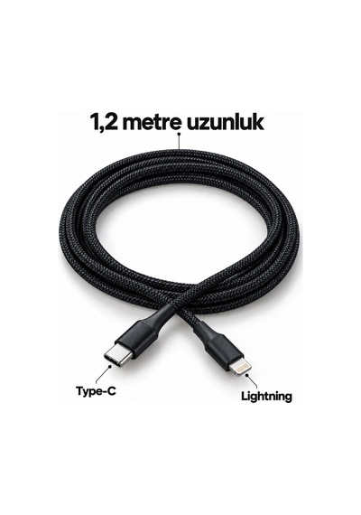 Uzun Ve Dayanıklı Type C Lightning Pd Hızlı Şarj Kablosu Siyah