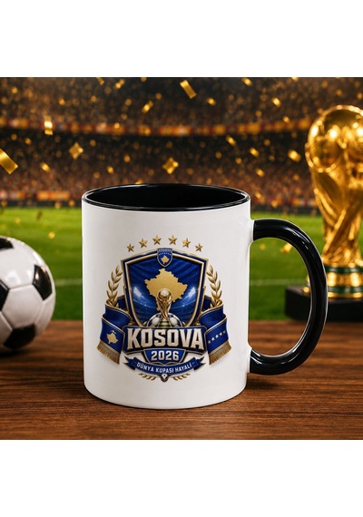 Bk Gift Kosova Taraftar Temalı Dünya Futbol Kupası Tasarımlı Siyah Kupa Bardak-3 Beyaz