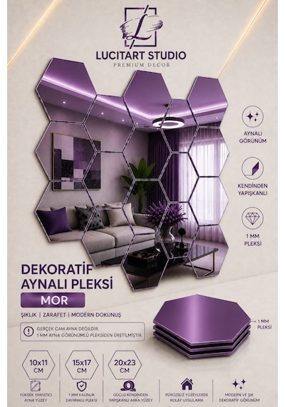 Lucitart Aynalı Pleksi Petek Duvar Dekoru Kendinden Yapışkanlı Dekoratif Altıgen Ayna Tekli 9 Renk 10x11 - 15x17 - 20x23 Cm Mor Lucitart Aynalı Pleksi Petek Duvar Dekoru Kendinden Yapışkanlı Dekoratif Altıgen Ayna Tekli 9 Renk 10x11 - 15x17 - 20x23 Cm Mor
