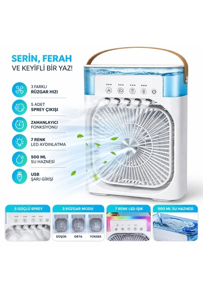 Su Buharlı Mini Masaüstü Vantilatör 3 Kademe 7 Renk Led 500 Ml Su Hazneli Masaüstü Soğutucu Fan