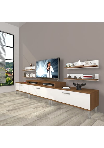 Decoraktiv Ekoflex 270r Slm Krom Ayaklı Tv Ünitesi Tv Sehpası Ceviz - Beyaz