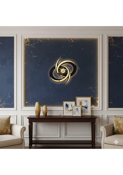 Zerafet Modern Ahşap Üzeri Pleksi Detaylı Duvar Saati Dekorasyon 60 Cm Siyah Gold Çok Renkli