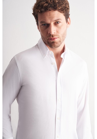 İmza Beyaz Düğmeli Yaka Örme Uzun Kol Performans Ürün Slim Fit Esnek Gömlek 1004255270 Beyaz