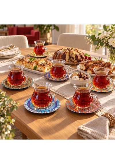 Renkli Metal Tabaklı 6'lı Çay Bardağı Seti Çok Renkli