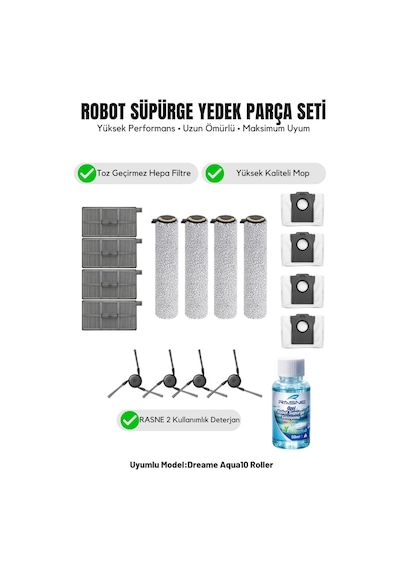 Dreame Aqua10 Roller İle Uyumlu 4 Yan Fırça 4 Filtre 4 Mop 1 Deterjan 4 Toz Torbası 6.0
