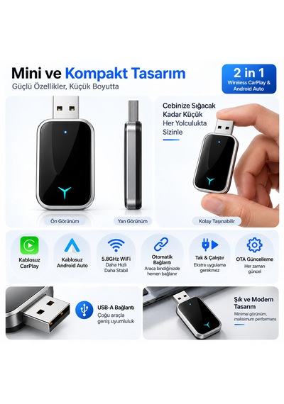 Luve Store 2in1 Kablosuz Carplay Auto Adaptör Wireless Dönüştürücü Usb Type-c Otg Mini Araç Adaptörü