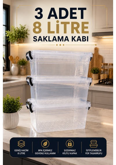 Modula 8l 3 Lü 8 Litre Kilitli Kapaklı Şeffaf Erzak Ve Saklama Kabı Seti İstiflenebilir Kuru Gıda Kabı Şeffaf