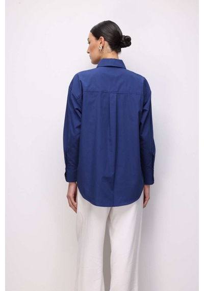 Mizalle Pamuklu Lacivert Oversize Gömlek Lacivert