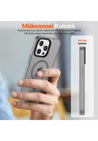 Bix İphone 14 Pro Max Magsafe Uyumlu Kılıf Tam Koruma Manyetik Darbe Emici Gri