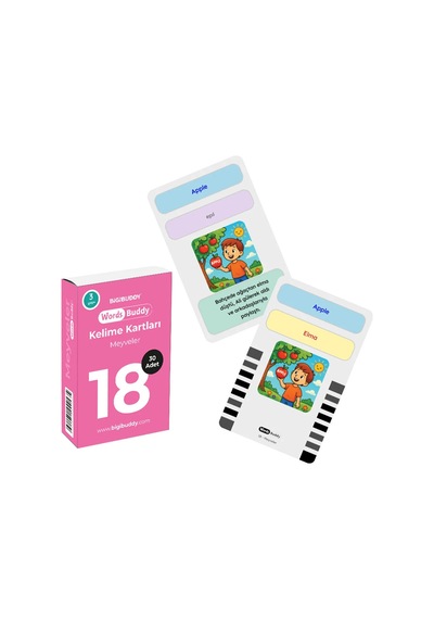 Bigibuddy WordsBuddy Türkçe İngilizce Kelime Kartları Besinler ve Mutfak 90 Kart 3’lü Set (BigiOne Cihaz Hariç)
