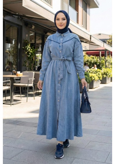 Hb Harma Time Butik Kadın Düğmeli Kuşaklı Kot Mavi Tesettür Elbise