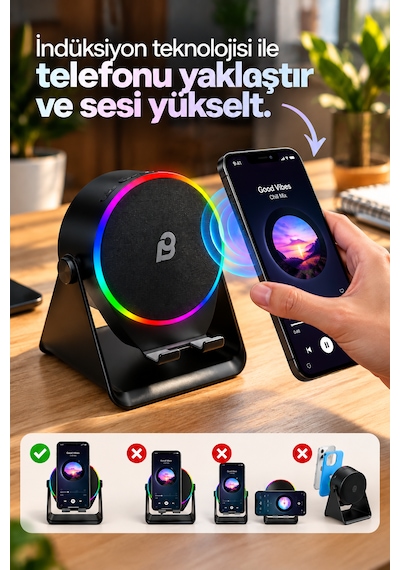 Soundpad Indüksiyon Bluetooth Hoparlör 5w Rgb Işıklı Telefon Standlı Bluetooth 5.3 Type-c Şarjlı 5in1