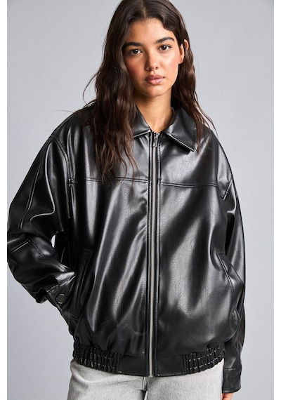 Defacto Su İtici Dad Fit Polo Yaka Beli Lastikli Fermuarlı Suni Deri Mont H1870ax26aubk27 Siyah-bk27