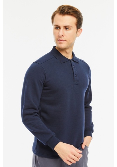 Uniprom Sweatshirt Polo Yaka İçi Polarlı 3 Iplik Pamuklu Normal Kesim Erkek Lacivert