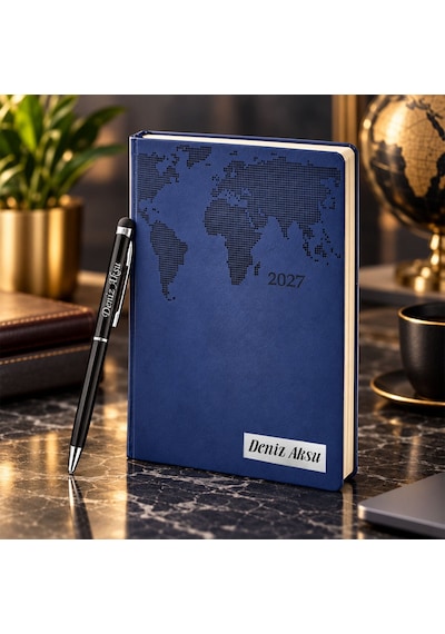 Bk Gift Kişiye Özel 378 Termo Deri Tarihli Ajanda & Siyah Touch Pen Tükenmez Kalem-17 Lacivert