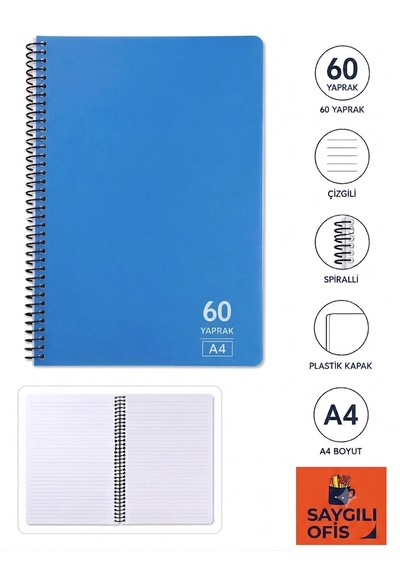 Saygılıofis 60 Yaprak A4 Spiralli Pp Kapak Çizgili Defter Mavi