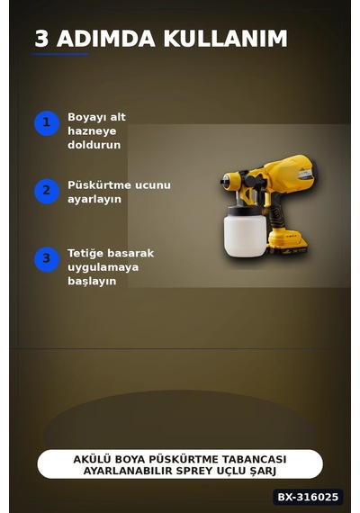 Akülü Boya Püskürtme Tabancası Ayarlanabilir Sprey Uçlu Şarjlı Boyama Aleti Bx-316025