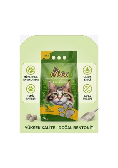 Catsgo Doğal Kokusuz Topaklanan Bentonit Kedi Kumu 5 Lt Ultra Emici %99,5 Tozsuz Doğal Bentonit - 886915611