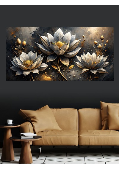 Kanvas Tablo Altın Beyaz Lotus Çiçekleri