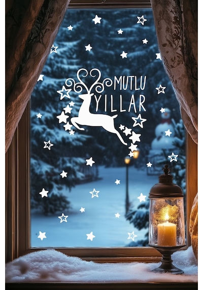 Mutlu Yıllar Geyik Cam & Duvar Sticker Seti 78 Parça Yılbaşı Vitrin Ve Ev Dekoru Dijital Baskı