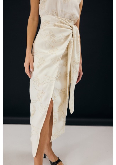 Sateen Nakış Detaylı Uzun Etek - Taş-137330