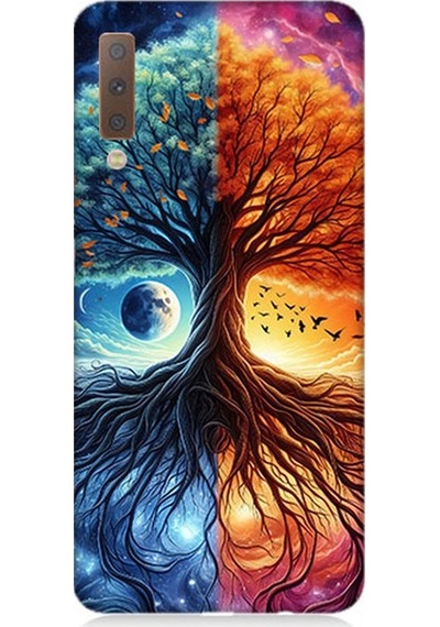 Samsung Galaxy A7 2018 Uyumlu Hayat Ağacı Ve Gece Gündüz Desenli Silikon Kılıf Çok Renkli