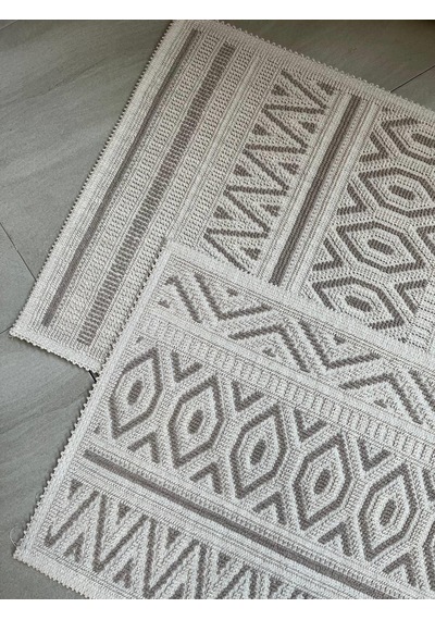 Hat Doğal Pamuklu 2'li Banyo Paspas & Halı Seti 60x100+50x60 Cm - Taş Taş