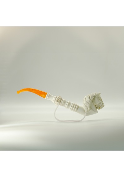 El Yapımı Lületaşı At Başlı Pipo 23 Cm Uzunluk, Akrilik Amber Ağızlık, Özel Oyma Meerschaum Pipo