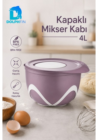 4 Litre Kapaklı Mikser Kabı Bpa İçermez Sıçratma Önleyici Hamur Yoğurma Kabı Mor