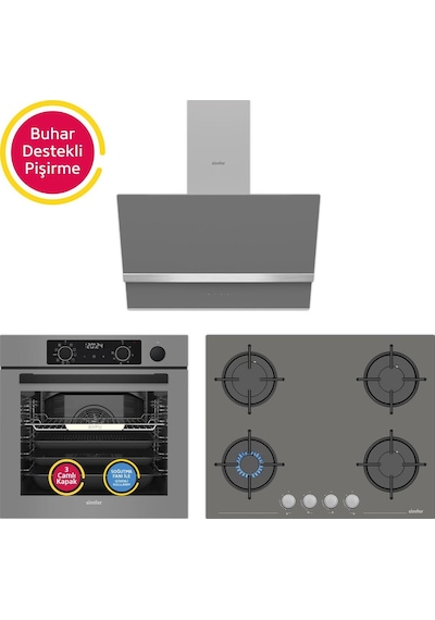 Simfer 11 Fonksiyon Steam Master Gri 3'lü Ankastre Set (8246 Fırın + 3656 Ocak + 8740 Davlumbaz)
