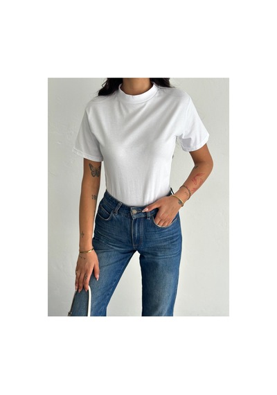 Fiolin Beyaz Ve Siyah Dik Yaka 2'li Paket Basic Örme T-shirt Siyah - Beyaz