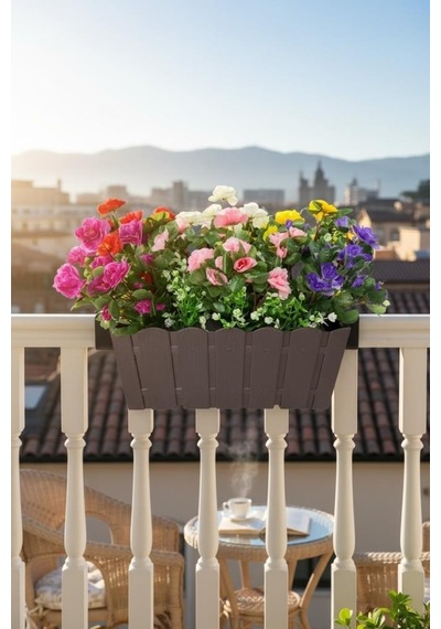 Yapay Çiçek Kahverengi Balkon Saksıda Küpeşte Askılı Açelya Çiçeği Karışık Renkli Çiçek Sepeti 50cm