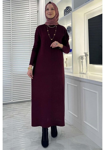 Rabia Şamlı Zebra Desen Triko Elbise Bordo Normal