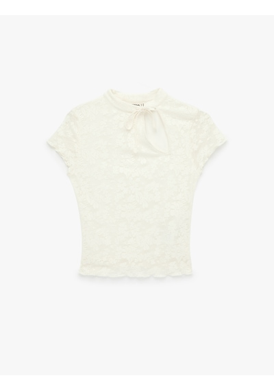 Koton Dantel Detaylı Bağlamalı Yaka Kısa Kollu Slim Fit Qipao Üst Ekru 6sal10832ık