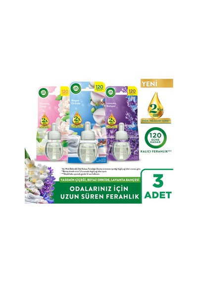 Elektrikli Oda Kokusu Yedek Şişe Yasemin Çiçeği + Beyaz Orkide + Lavanta Bahçesi 3x19 Ml Karışık