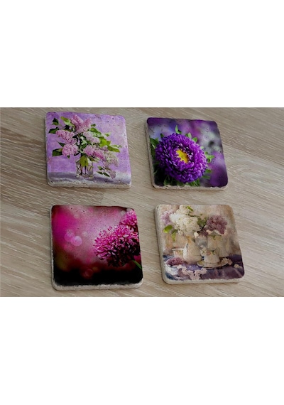 Mor Çiçekler Doğal Taş Bardak Altlığı 4'lü Set - Natural Stone Coasters - Taş Çok Renkli