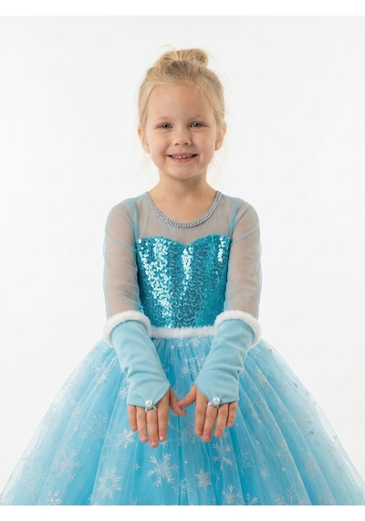 Butikhappykids Frozen Elsa Kostümü Uzun Kollu Kız Çocuk Prenses Elbisesi Taç+asa+eldiven Hediyeli Mavi