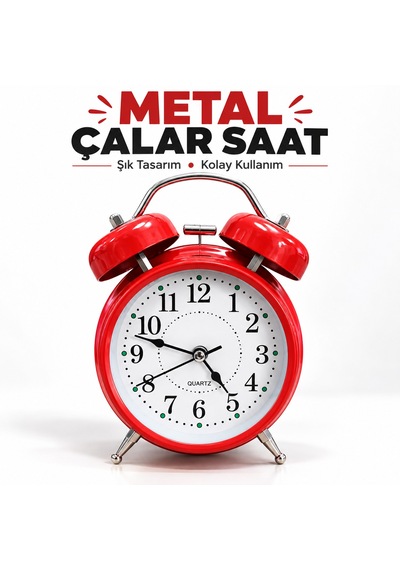 Metal Çalar Saat 12x17 Cm Yüksek Sesli Alarm, Şık Ve Dayanıklı Tasarım Kırmızı