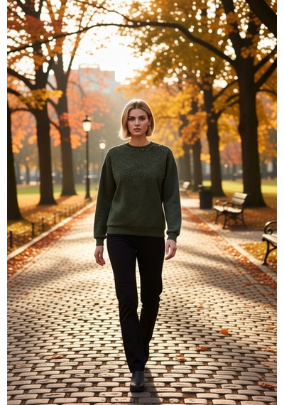 Benerly Kadın Bisiklet Yaka Düşük Kol Eskitme Efektli Regular Sweatshirt Haki