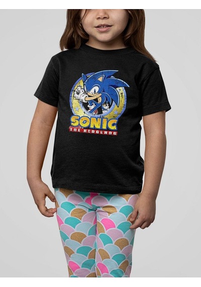 Sevbano Vintage Eskitme Sonic The Hedgehog Baskılı Unisex Çizgi Film Çocu SIYAH