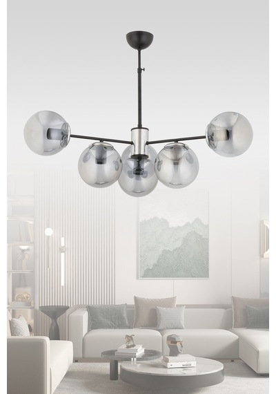 İbiza 6'lı Füme Glob Camlı Modern Sarkıt Avize Oturma Odası Salon Antre Siyah Siyah