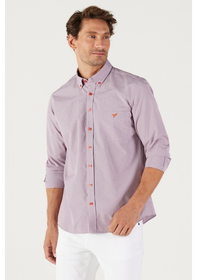 AC&Co / Altınyıldız Classics Erkek Lacı Kırmızı Slim Fit Dar Kesim Düğmeli Yaka Logolu Cepli Pamuklu Çizgili Gömlek Lacivert - Kırmızı