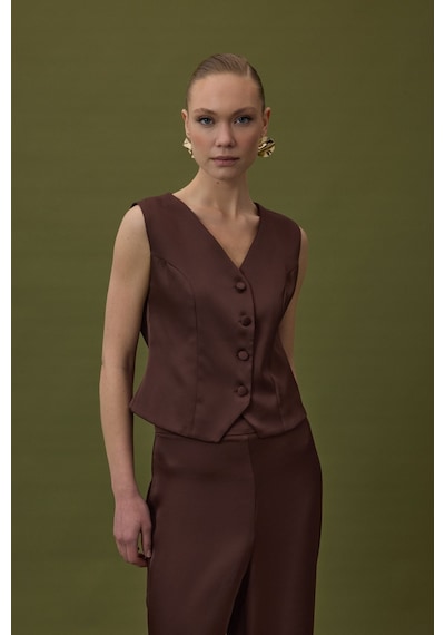Sateen Klasik Düz Yelek - Kahve-137028 Kahve